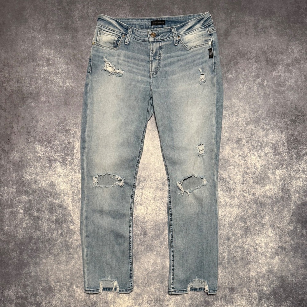 Silver Jeans Co Avery Straight Distressed Notch Hem Light Wash Women's 31x27